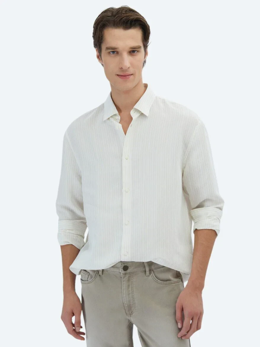 Safran Çizgili Oversize Fit Dokuma Casual Gömlek - KİP