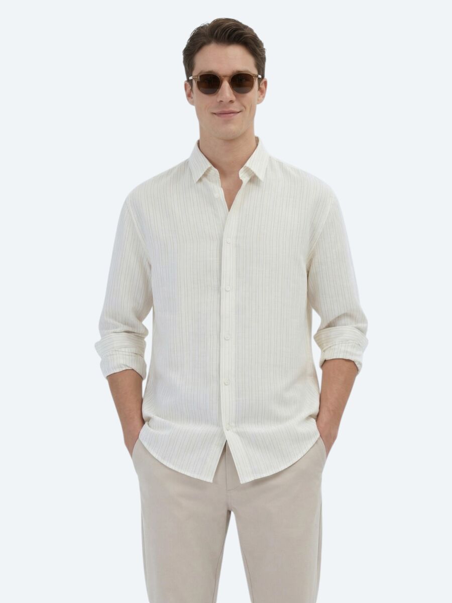 Safran Çizgili Oversize Fit Uzun Dokuma Casual Gömlek - 1