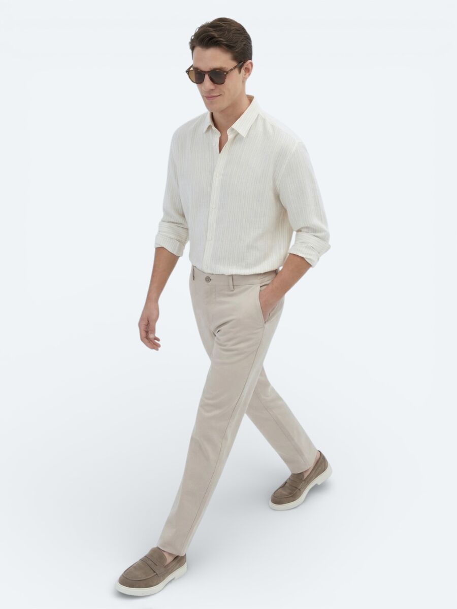 Safran Çizgili Oversize Fit Uzun Dokuma Casual Gömlek - 2