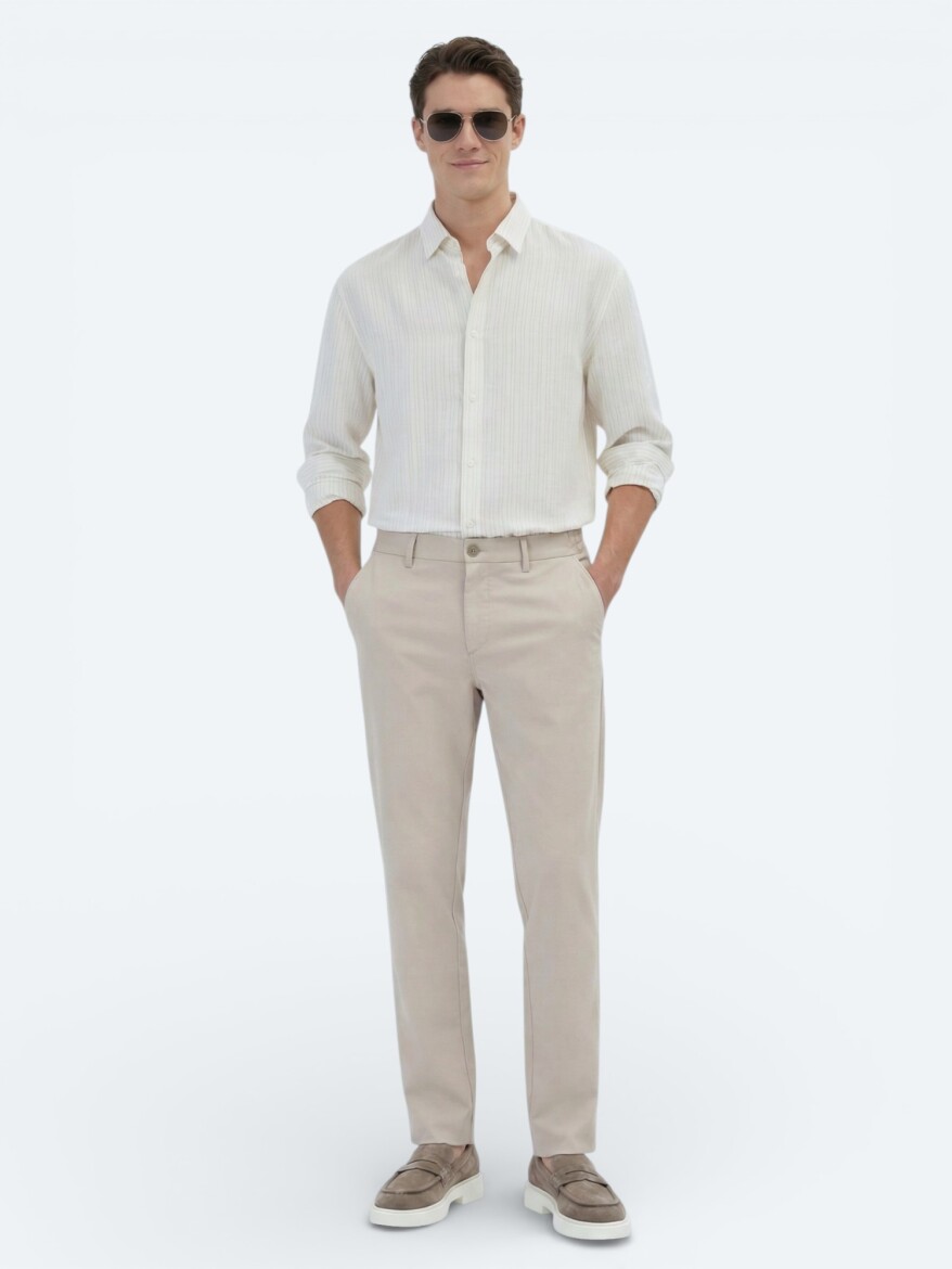 Safran Çizgili Oversize Fit Uzun Dokuma Casual Gömlek - 4