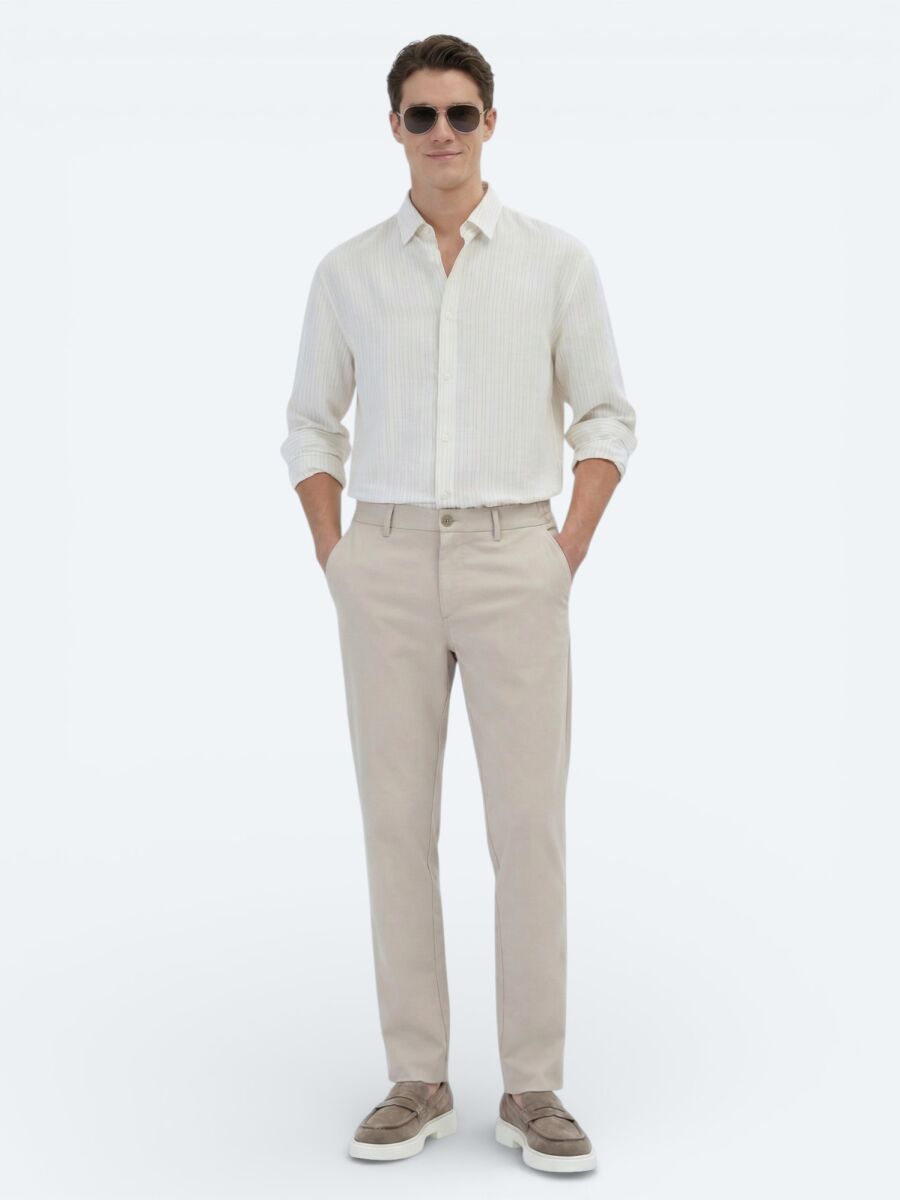 Safran Çizgili Oversize Fit Uzun Dokuma Casual Gömlek - 4