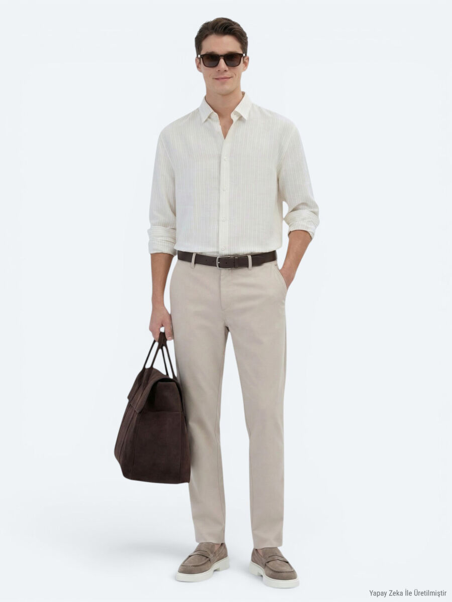 Safran Çizgili Oversize Fit Uzun Dokuma Casual Gömlek - 3