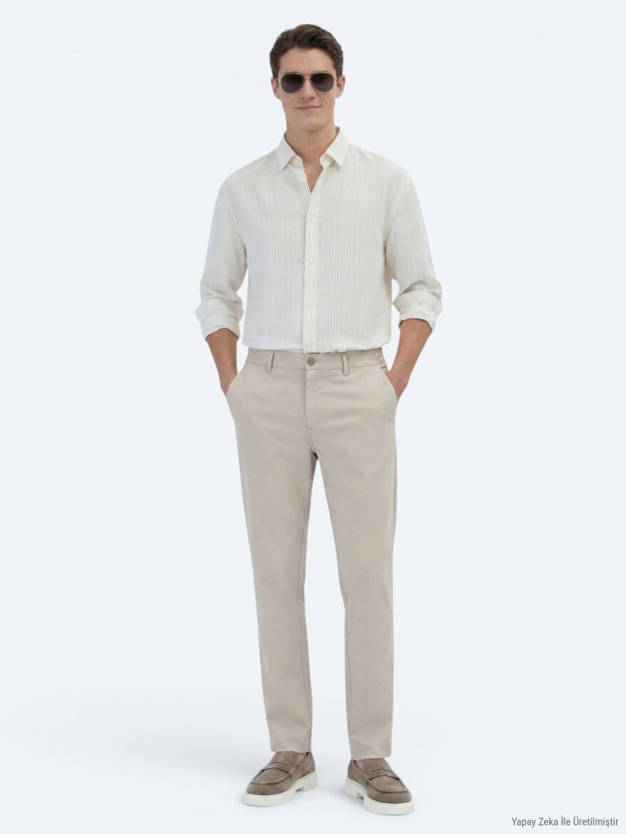 Safran Çizgili Oversize Fit Uzun Dokuma Casual Gömlek - 4