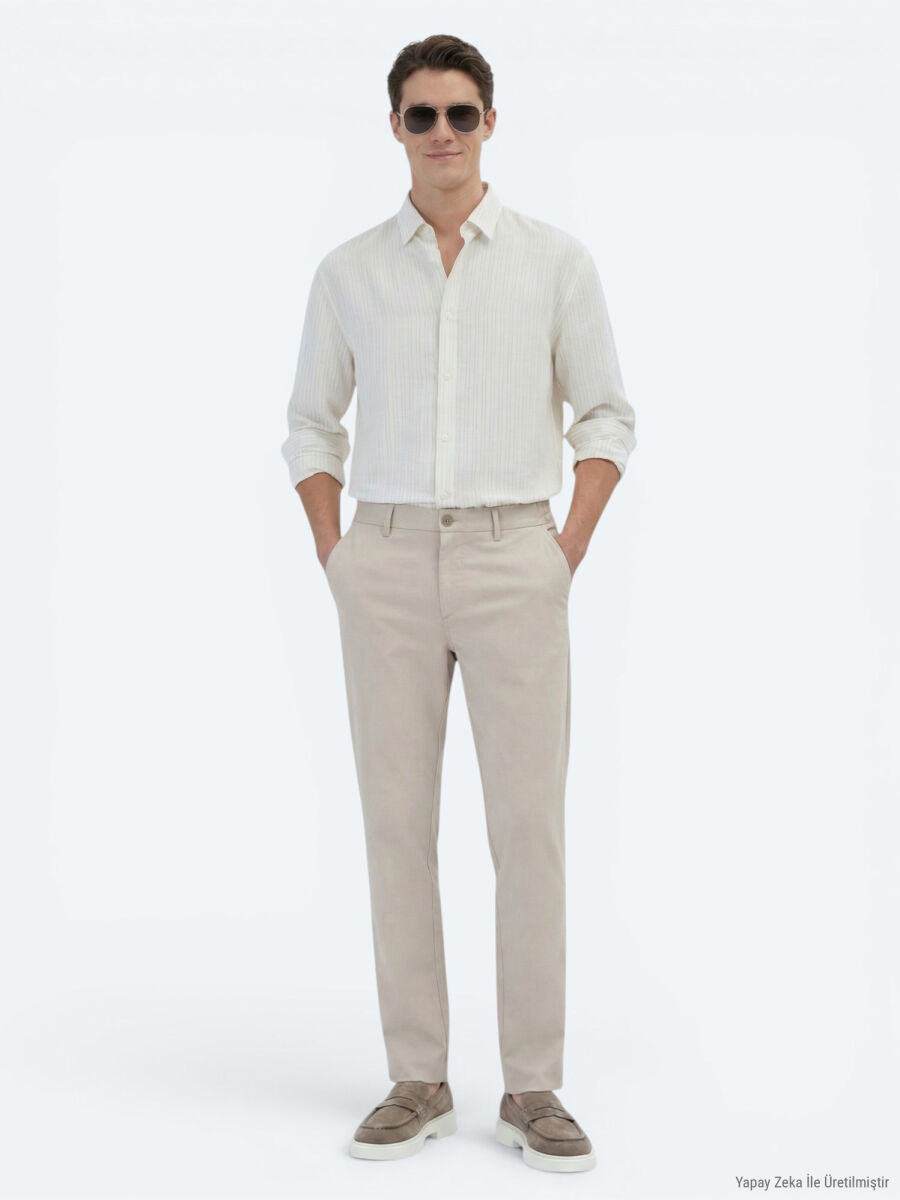 Safran Çizgili Oversize Fit Uzun Dokuma Casual Gömlek - 4