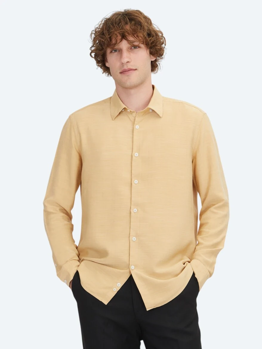 Safran Çizgili Regular Fit Dokuma Casual Gömlek - 1