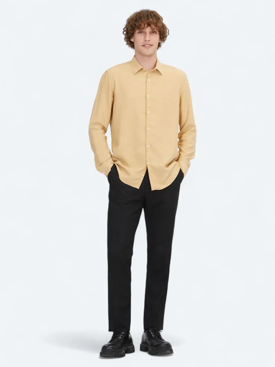Safran Çizgili Regular Fit Dokuma Casual Gömlek - 2