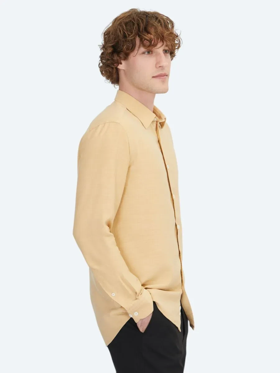 Safran Çizgili Regular Fit Dokuma Casual Gömlek - 3