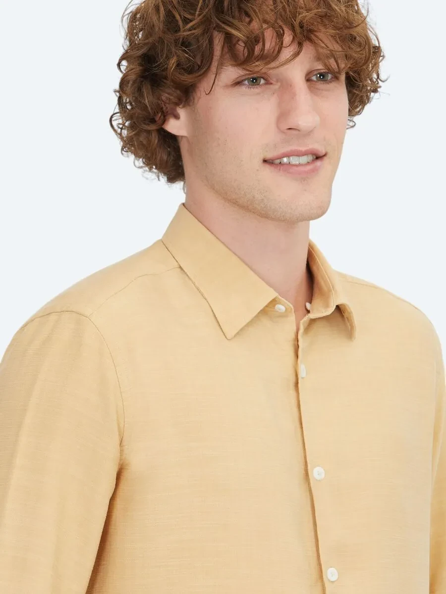 Safran Çizgili Regular Fit Dokuma Casual Gömlek - 4