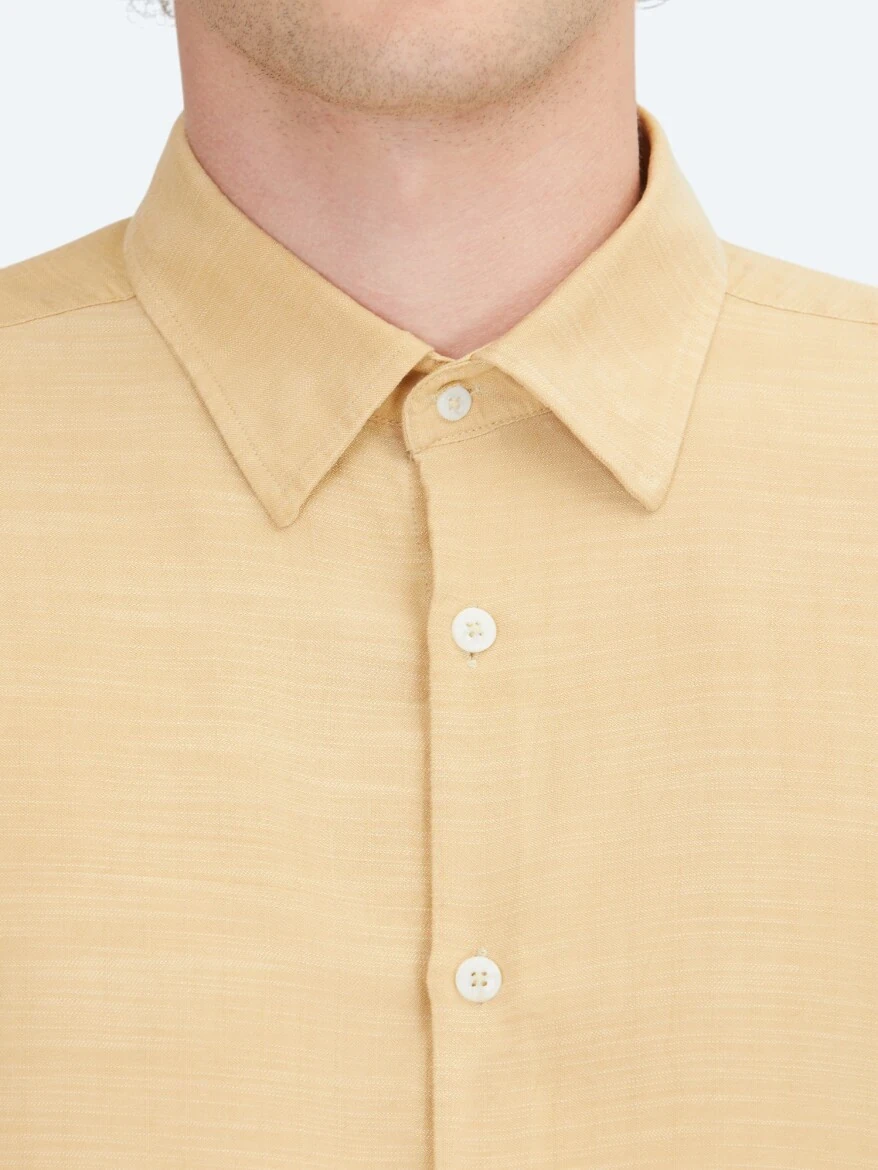 Safran Çizgili Regular Fit Dokuma Casual Gömlek - 5