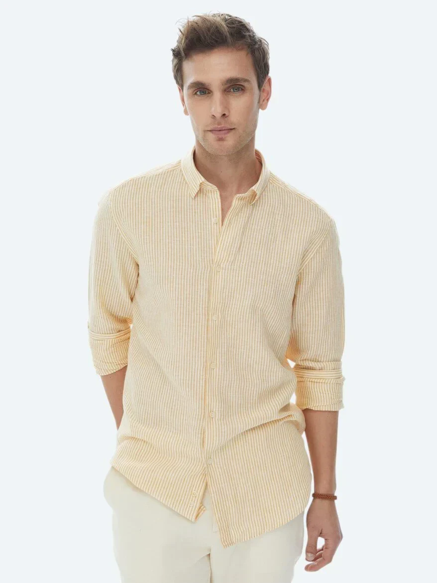 Safran Çizgili Regular Fit Dokuma Casual Pamuk Karışımlı Gömlek - 3