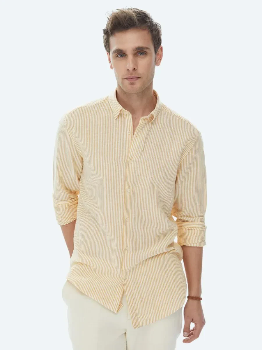 Safran Çizgili Regular Fit Dokuma Casual Pamuk Karışımlı Gömlek - 3
