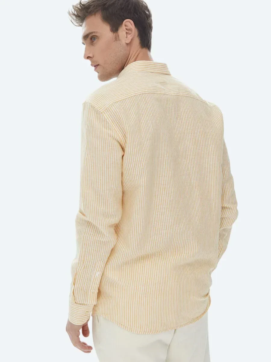 Safran Çizgili Regular Fit Dokuma Casual Pamuk Karışımlı Gömlek - 7