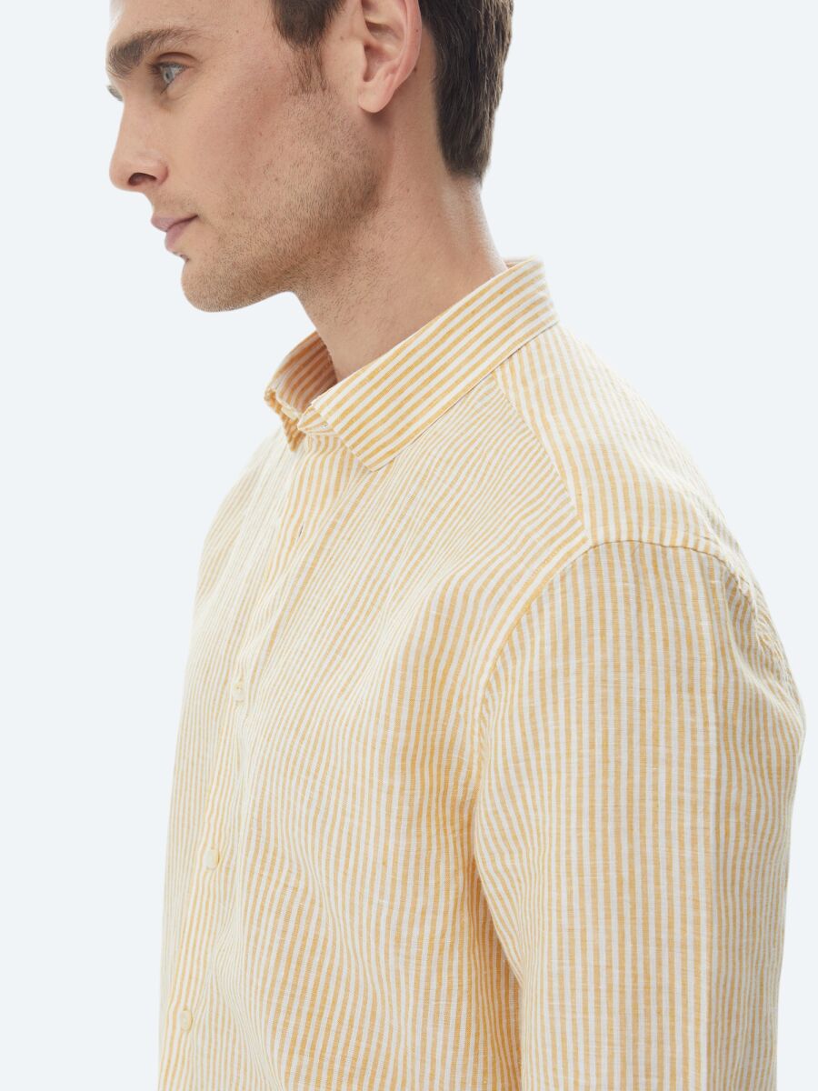 Safran Çizgili Regular Fit Dokuma Casual Pamuk Karışımlı Gömlek - 2