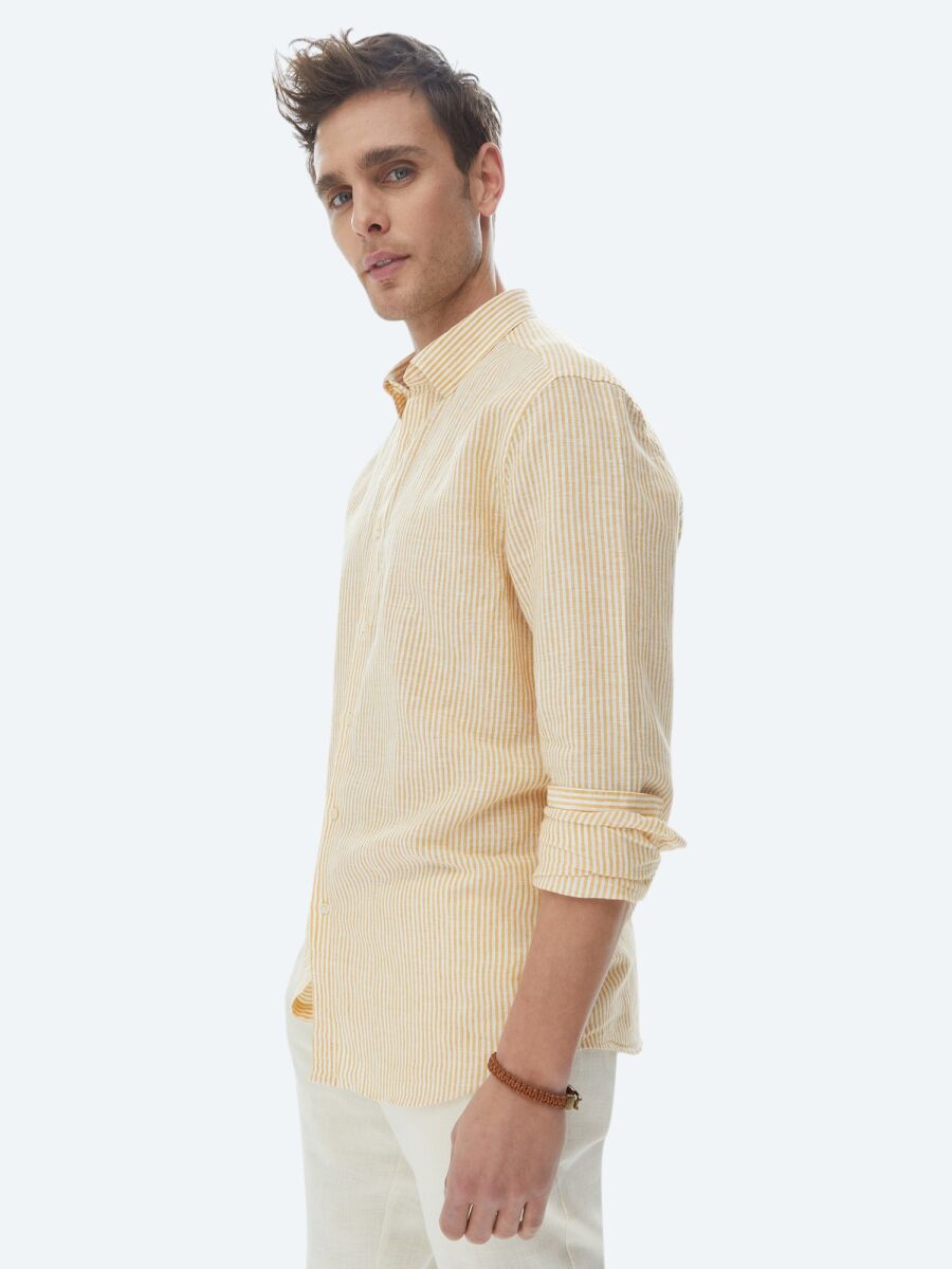 Safran Çizgili Regular Fit Dokuma Casual Pamuk Karışımlı Gömlek - 5