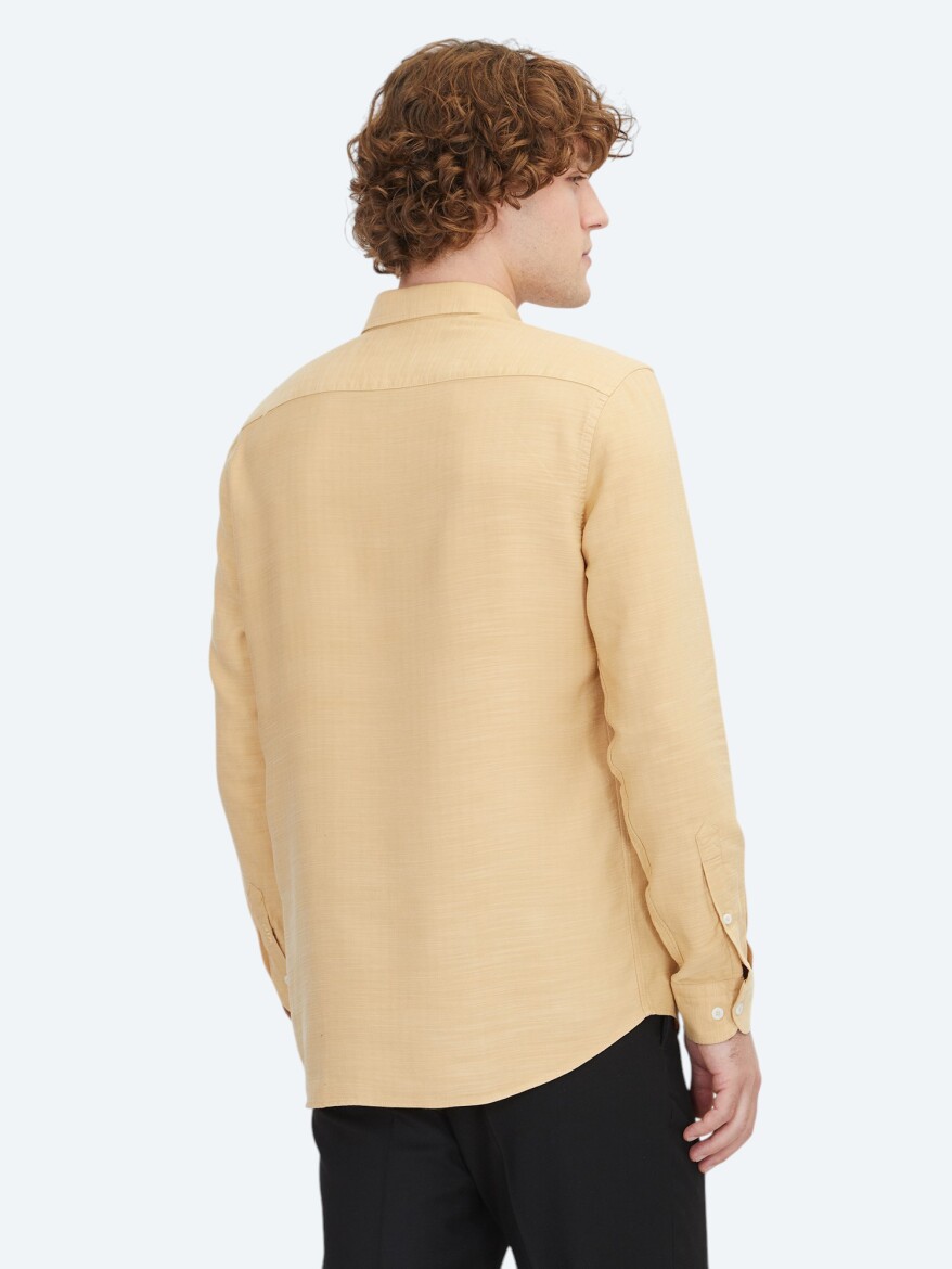 Safran Çizgili Regular Fit Uzun Dokuma Casual Gömlek - 6