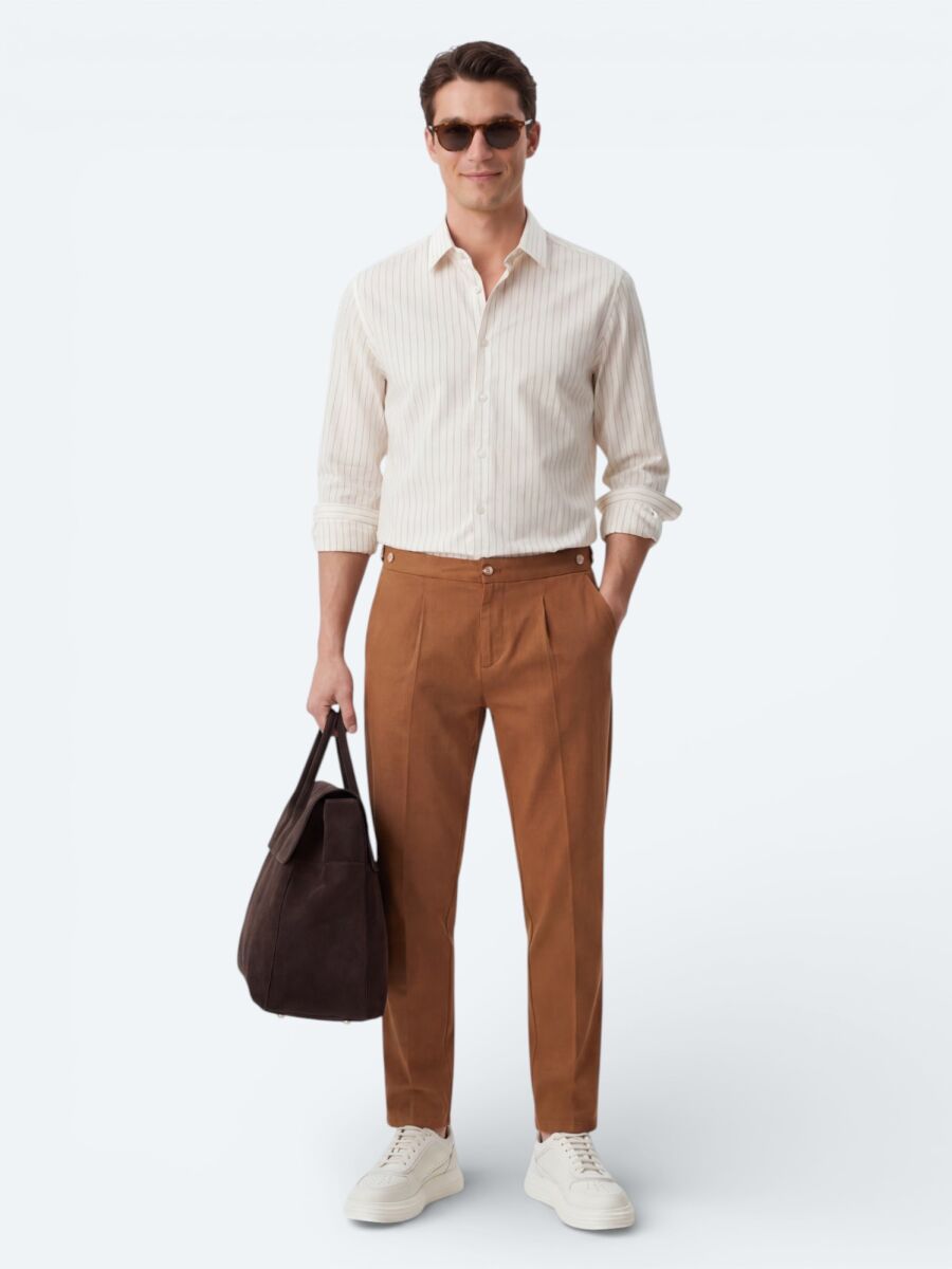 Safran Çizgili Regular Fit Dokuma Casual Gömlek - 1