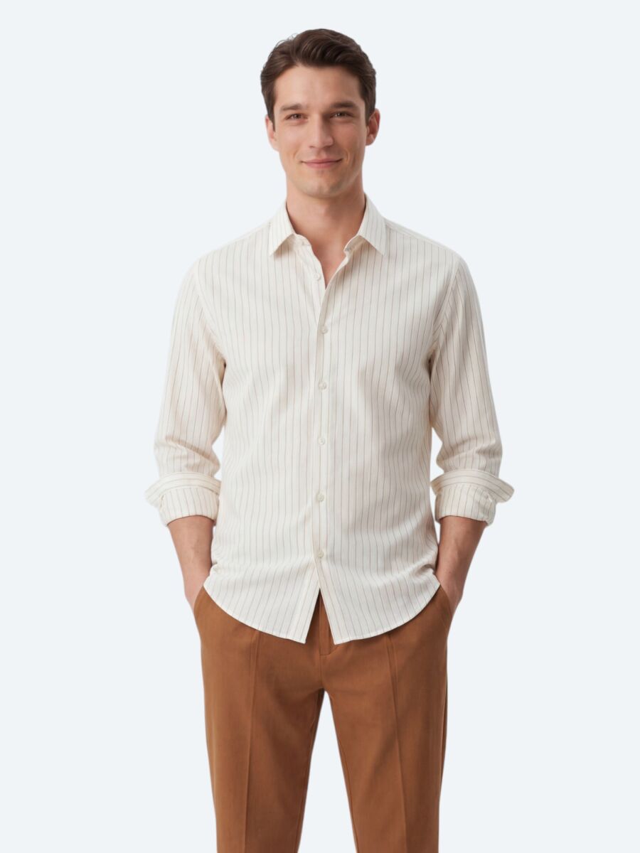 Safran Çizgili Regular Fit Dokuma Casual Gömlek - 2