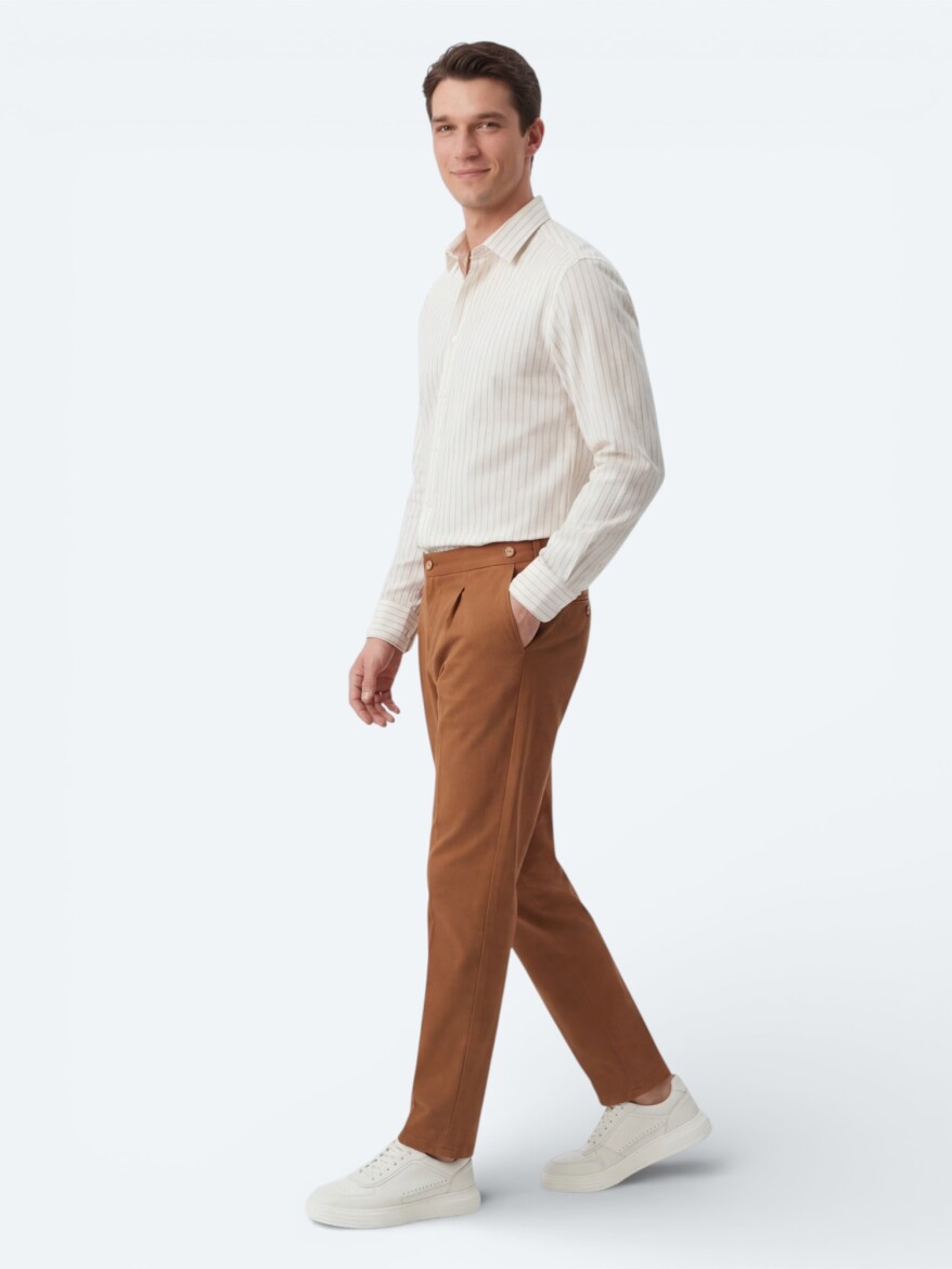 Safran Çizgili Regular Fit Dokuma Casual Gömlek - 4