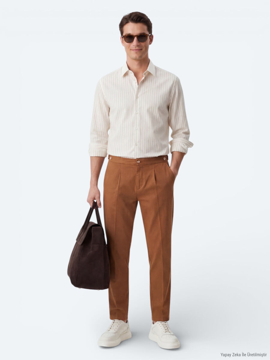Safran Çizgili Regular Fit Dokuma Casual Gömlek - 1