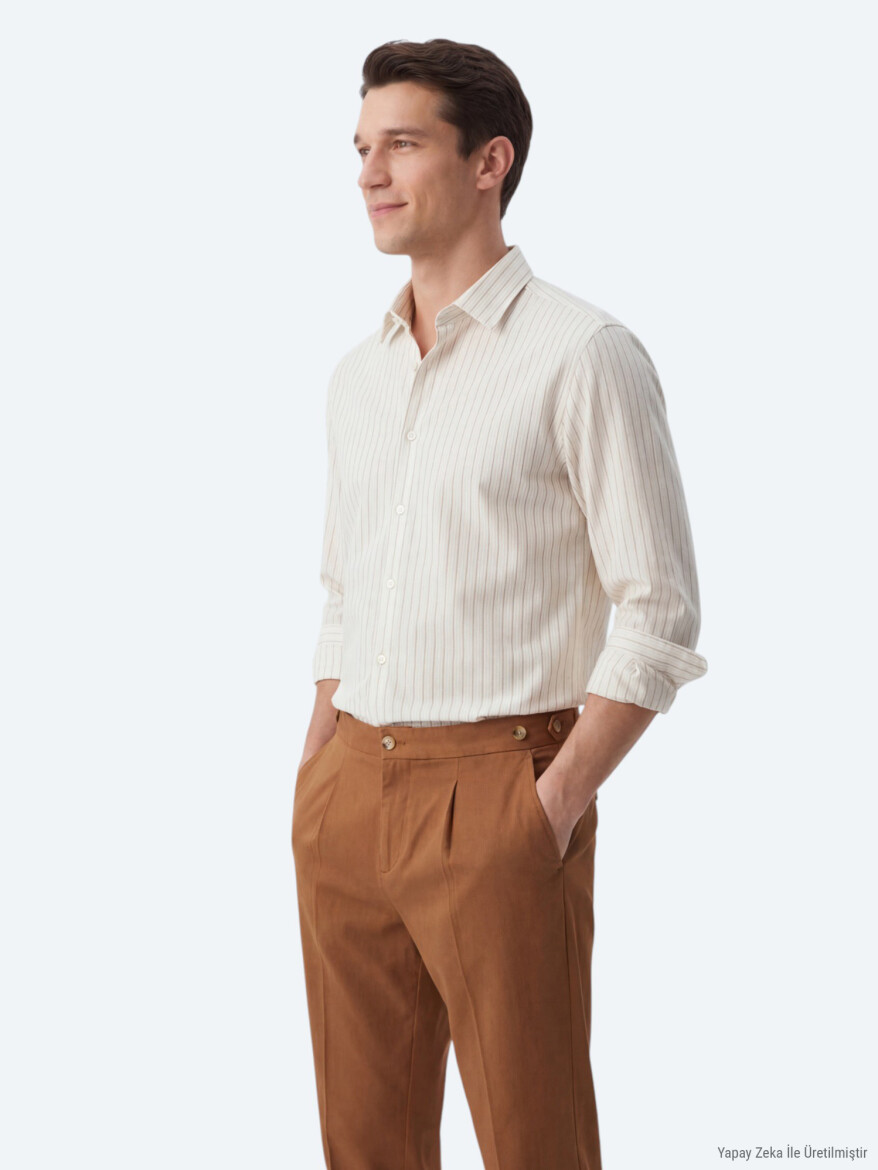 Safran Çizgili Regular Fit Dokuma Casual Gömlek - 3