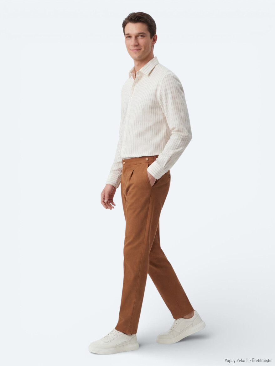 Safran Çizgili Regular Fit Dokuma Casual Gömlek - 4