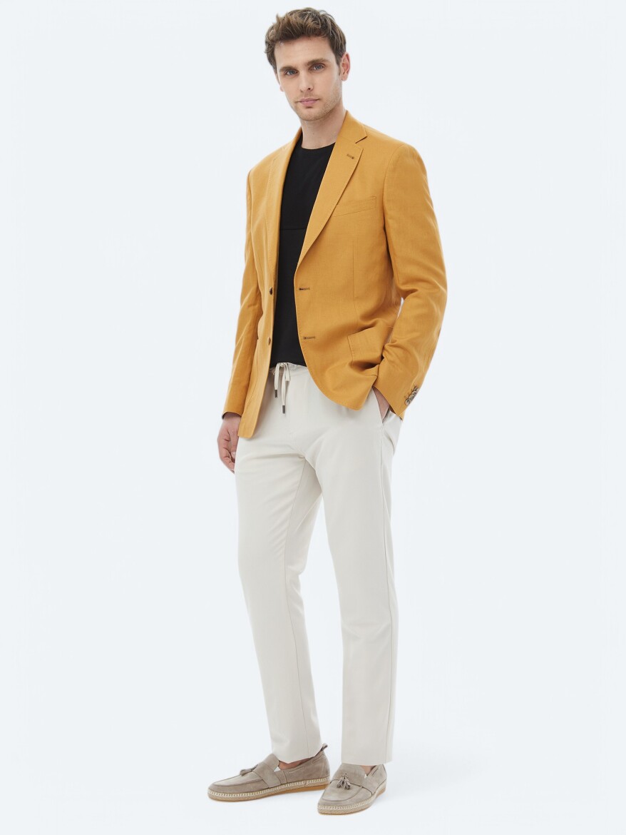 Safran Düz Modern Fit Keten Karışımlı Ceket - 3
