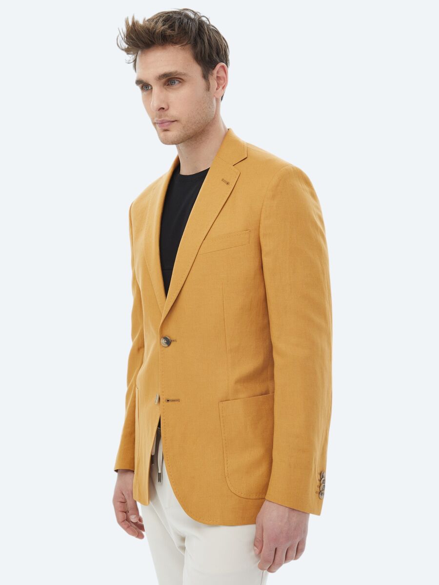 Safran Düz Modern Fit Keten Karışımlı Ceket - 4