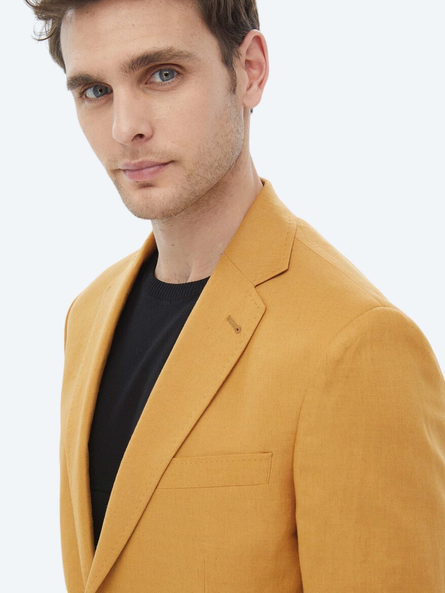 Safran Düz Modern Fit Keten Karışımlı Ceket - 7