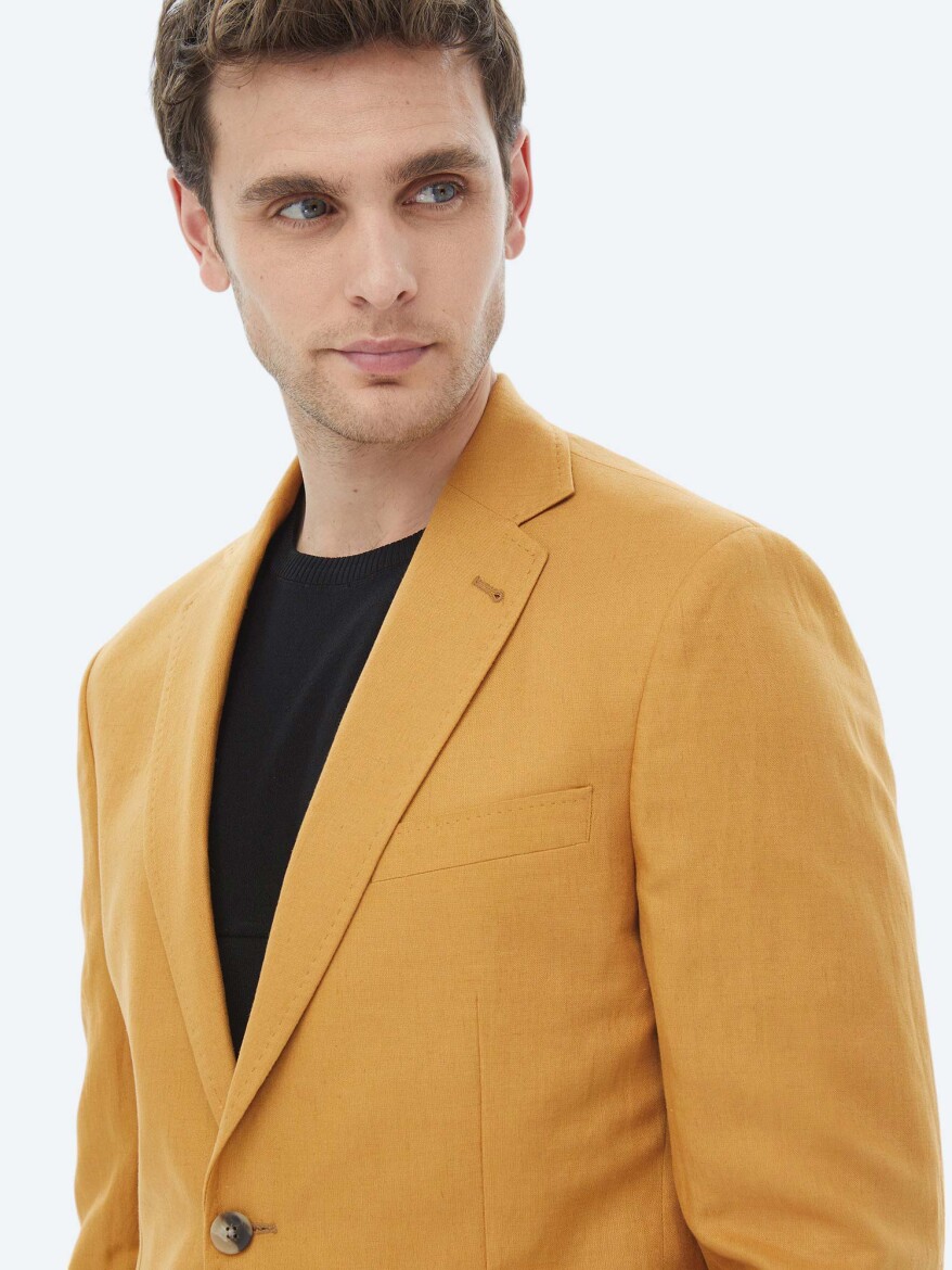 Safran Düz Modern Fit Keten Karışımlı Ceket - 9