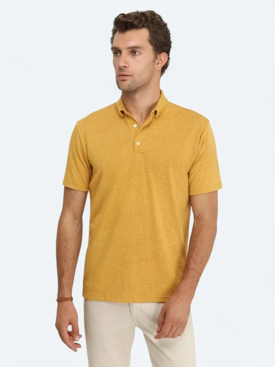 Safran Düz Polo Yaka Pamuk Karışımlı T-Shirt - 2