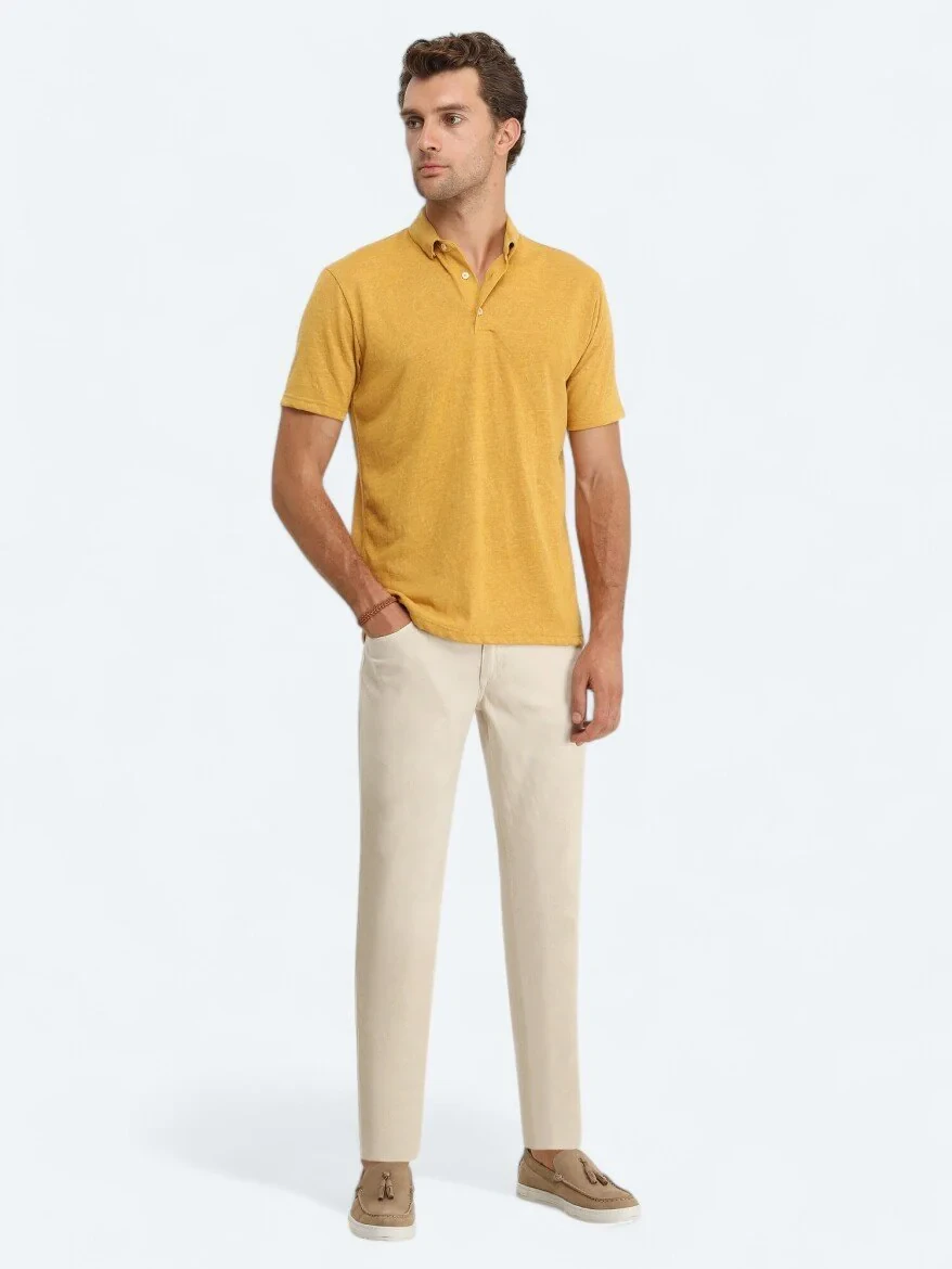 Safran Düz Polo Yaka Pamuk Karışımlı T-Shirt - 3