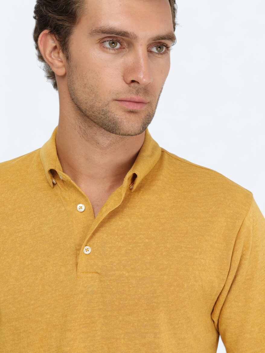 Safran Düz Polo Yaka Pamuk Karışımlı T-Shirt - 4