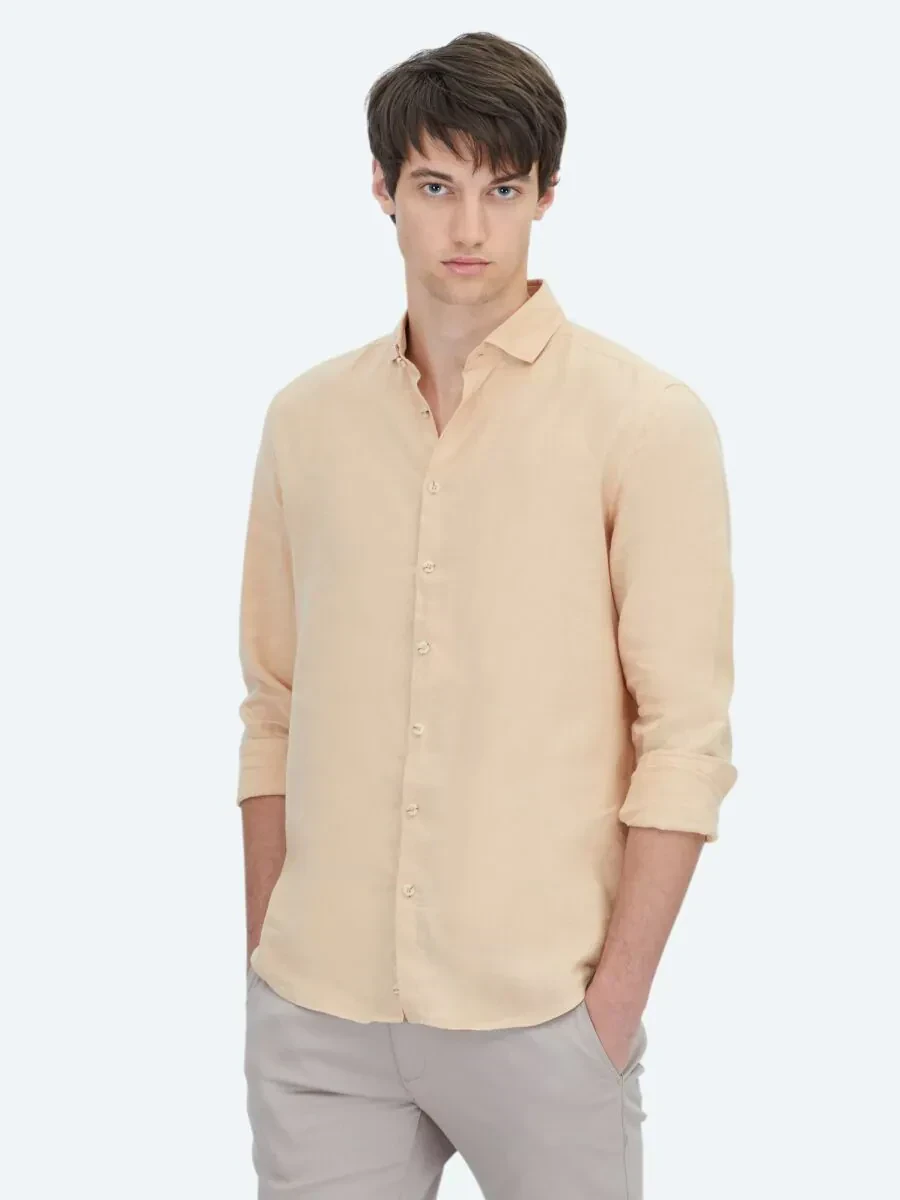 Safran Düz Regular Fit Dokuma Casual Pamuk Karışımlı Gömlek - 1