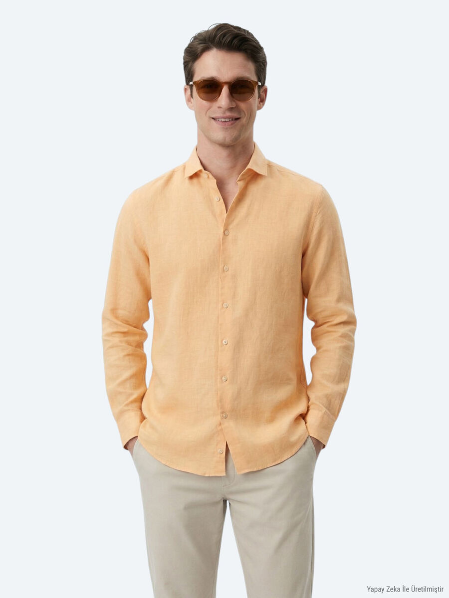 Safran Düz Regular Fit Uzun Dokuma Casual Pamuk Karışımlı Gömlek - 2