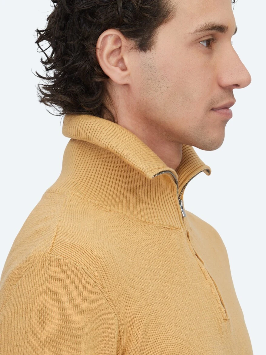 Safran Polo Yaka Jakarlı Triko Kazak - 5
