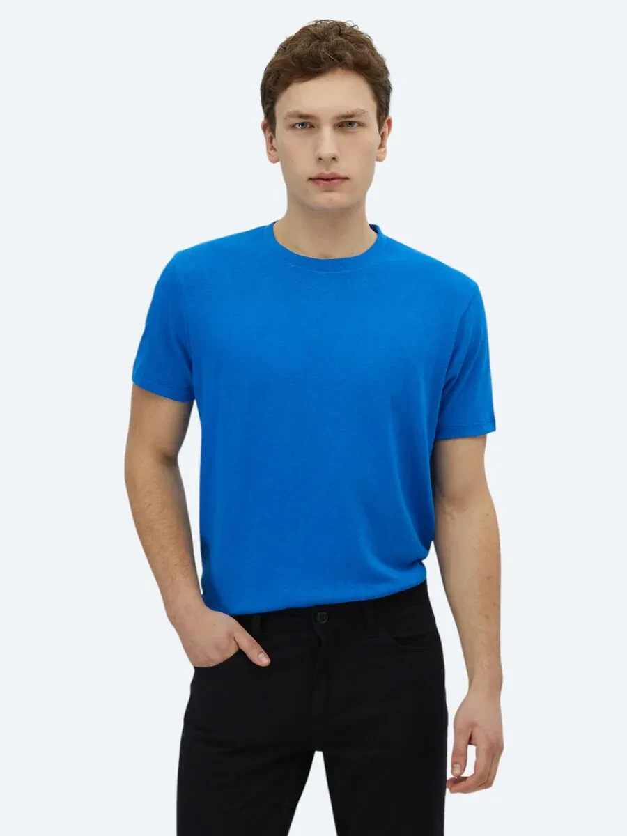 Saks Düz Bisiklet Yaka Pamuk Karışımlı T-Shirt - 1