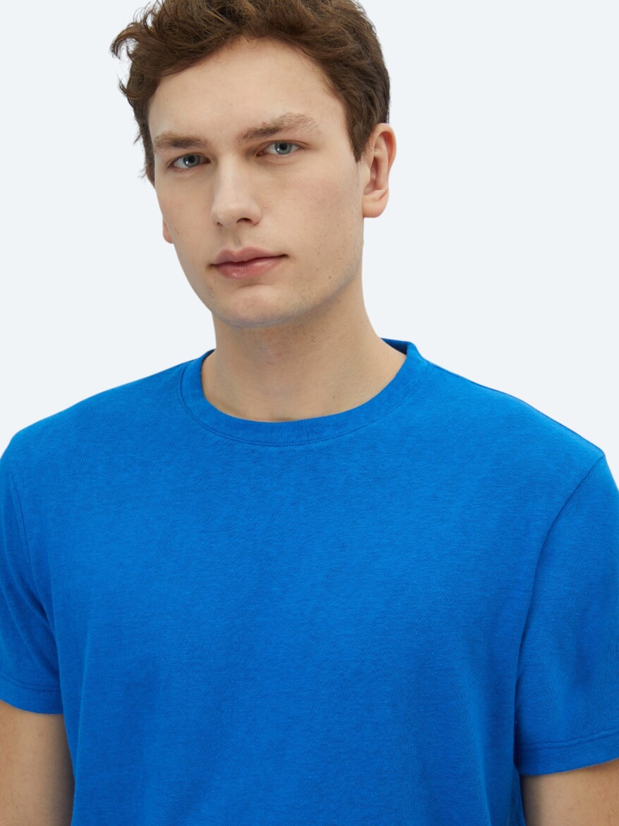 Saks Düz Bisiklet Yaka Pamuk Karışımlı T-Shirt - 3