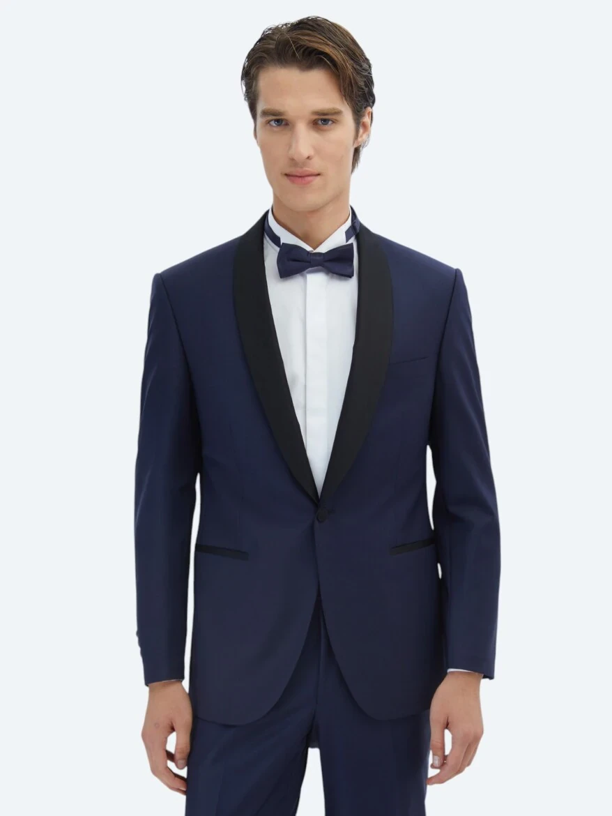 Saks Düz Modern Fit Kelebek Yaka Dokuma Smokin Takım Elbise - 1