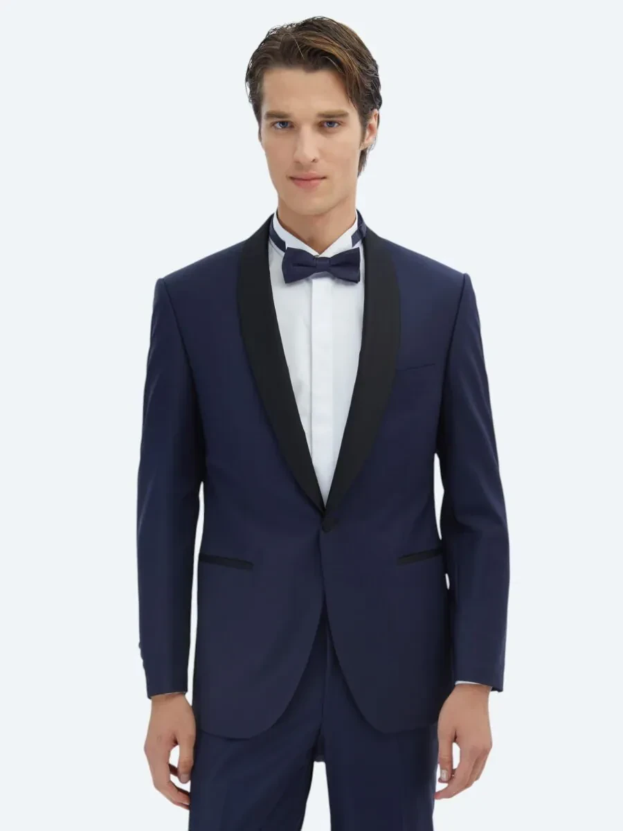 Saks Düz Modern Fit Kelebek Yaka Dokuma Smokin Takım Elbise - 1