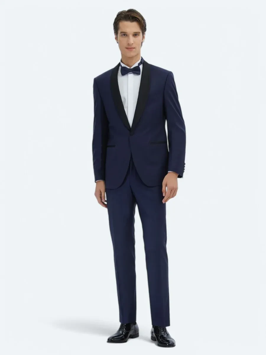 Saks Düz Modern Fit Kelebek Yaka Dokuma Smokin Takım Elbise - 2