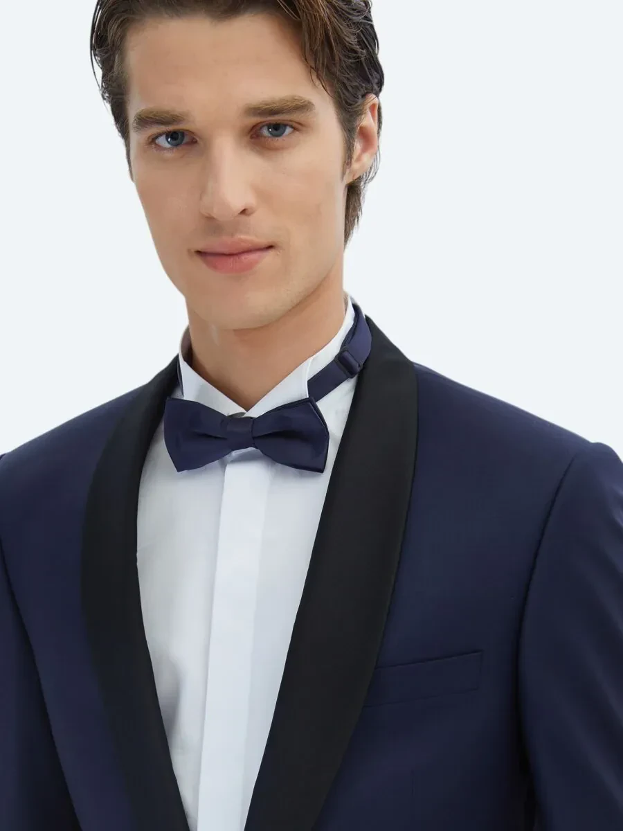 Saks Düz Modern Fit Kelebek Yaka Dokuma Smokin Takım Elbise - 3