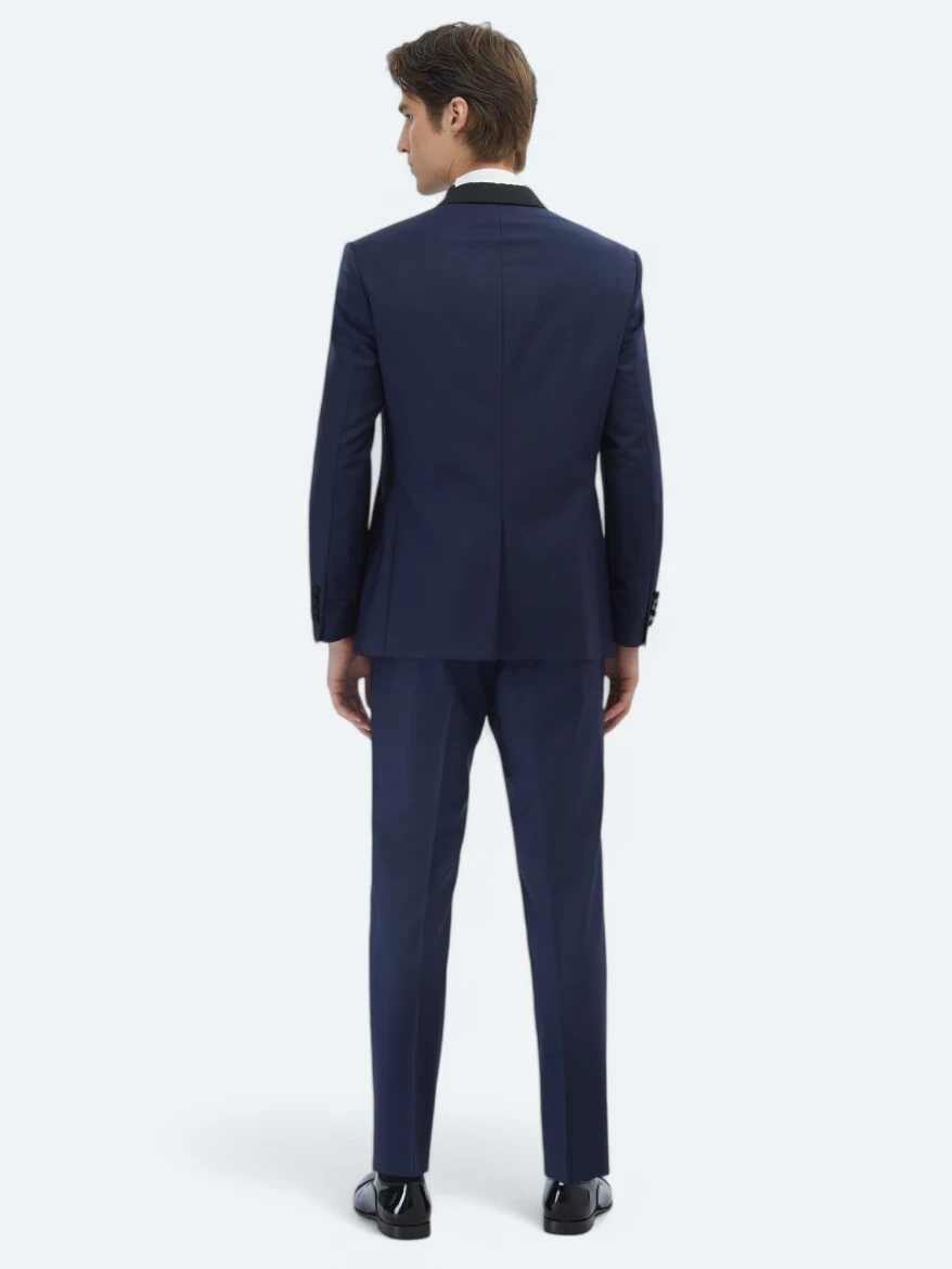 Saks Düz Modern Fit Kelebek Yaka Dokuma Smokin Takım Elbise - 5