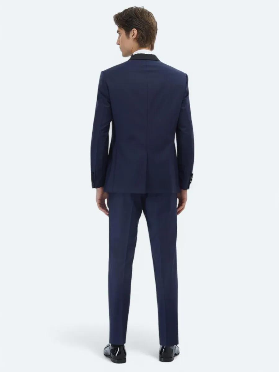 Saks Düz Modern Fit Kelebek Yaka Dokuma Smokin Takım Elbise - 5