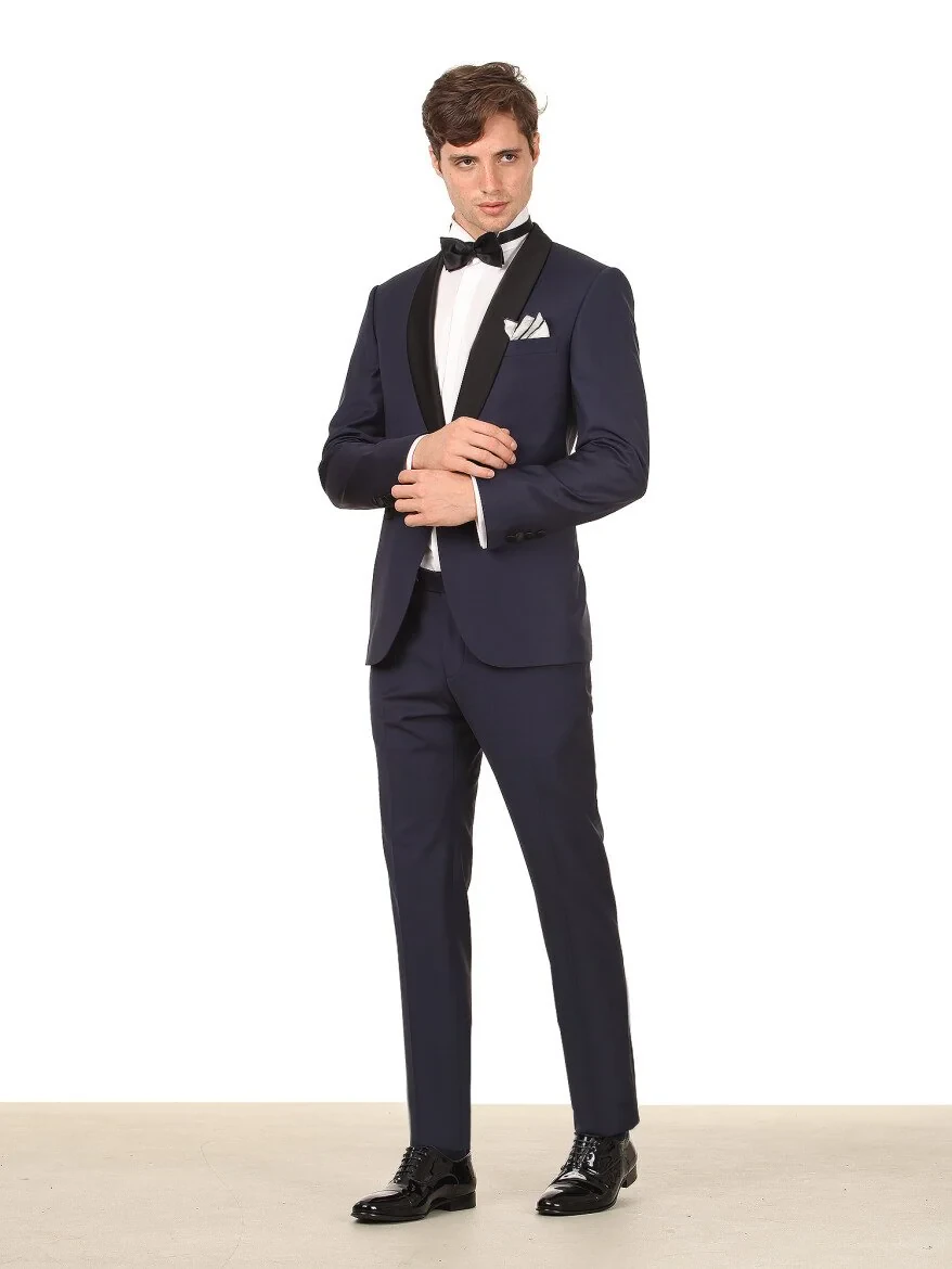 Saks Düz Modern Fit Şal Yaka Dokuma Smokin Takım Elbise - 3
