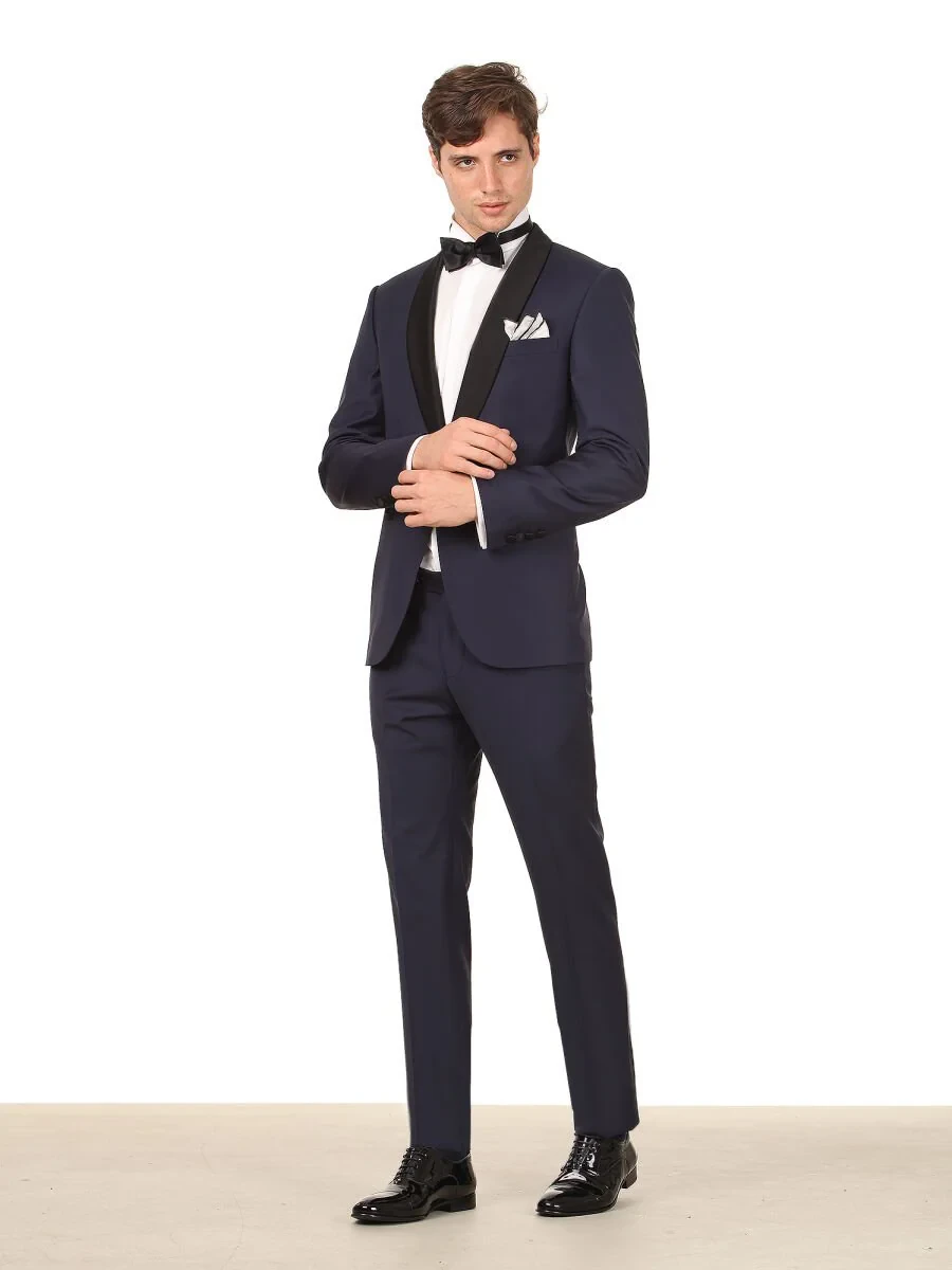 Saks Düz Modern Fit Şal Yaka Dokuma Smokin Takım Elbise - 3