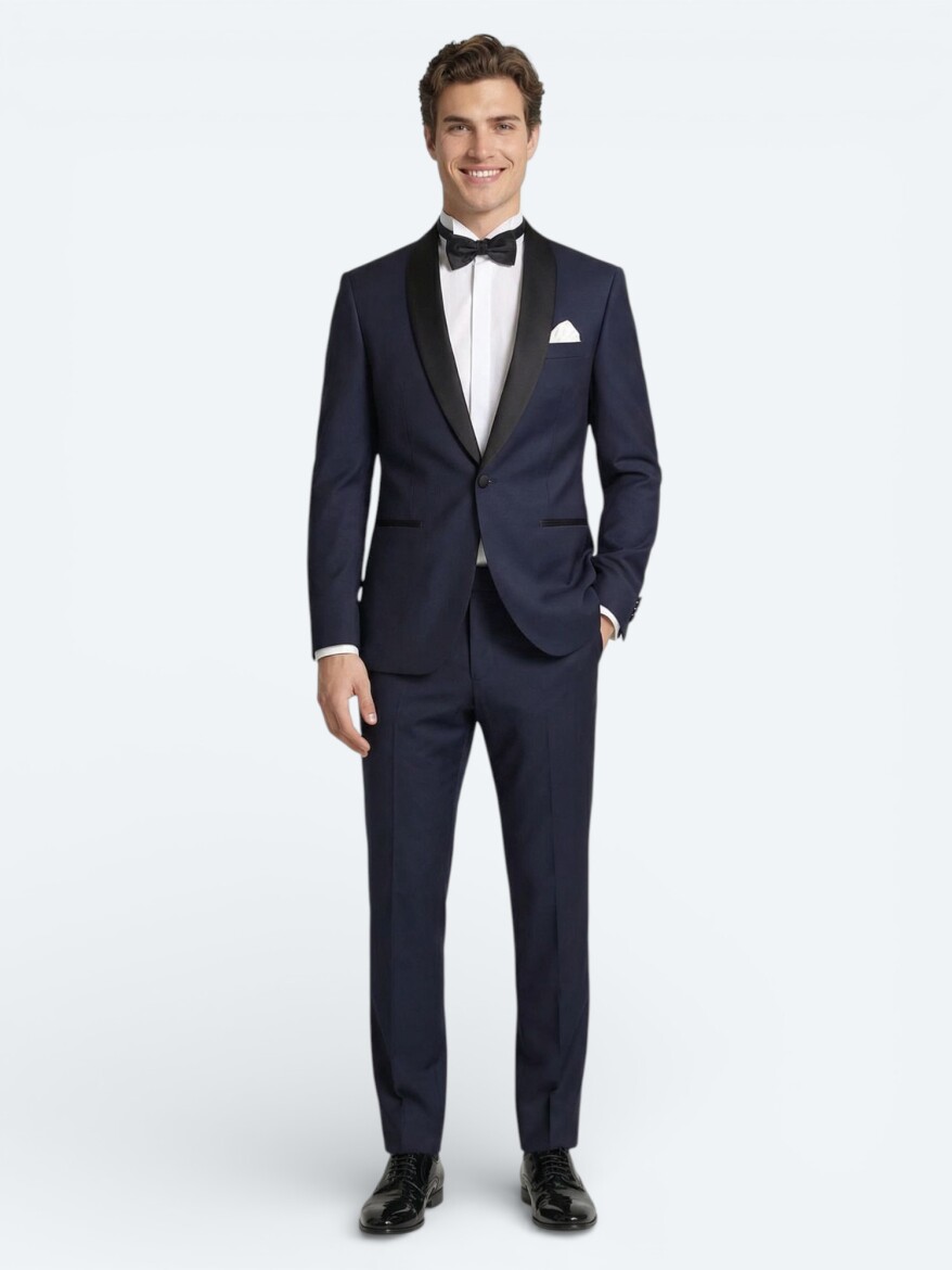 Saks Düz Modern Fit Şal Yaka Dokuma Smokin Takım Elbise - 1