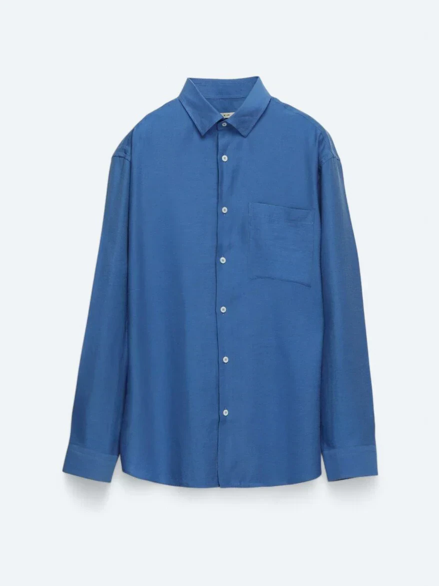 Saks Düz Oversize Fit Dokuma Casual Gömlek - 7