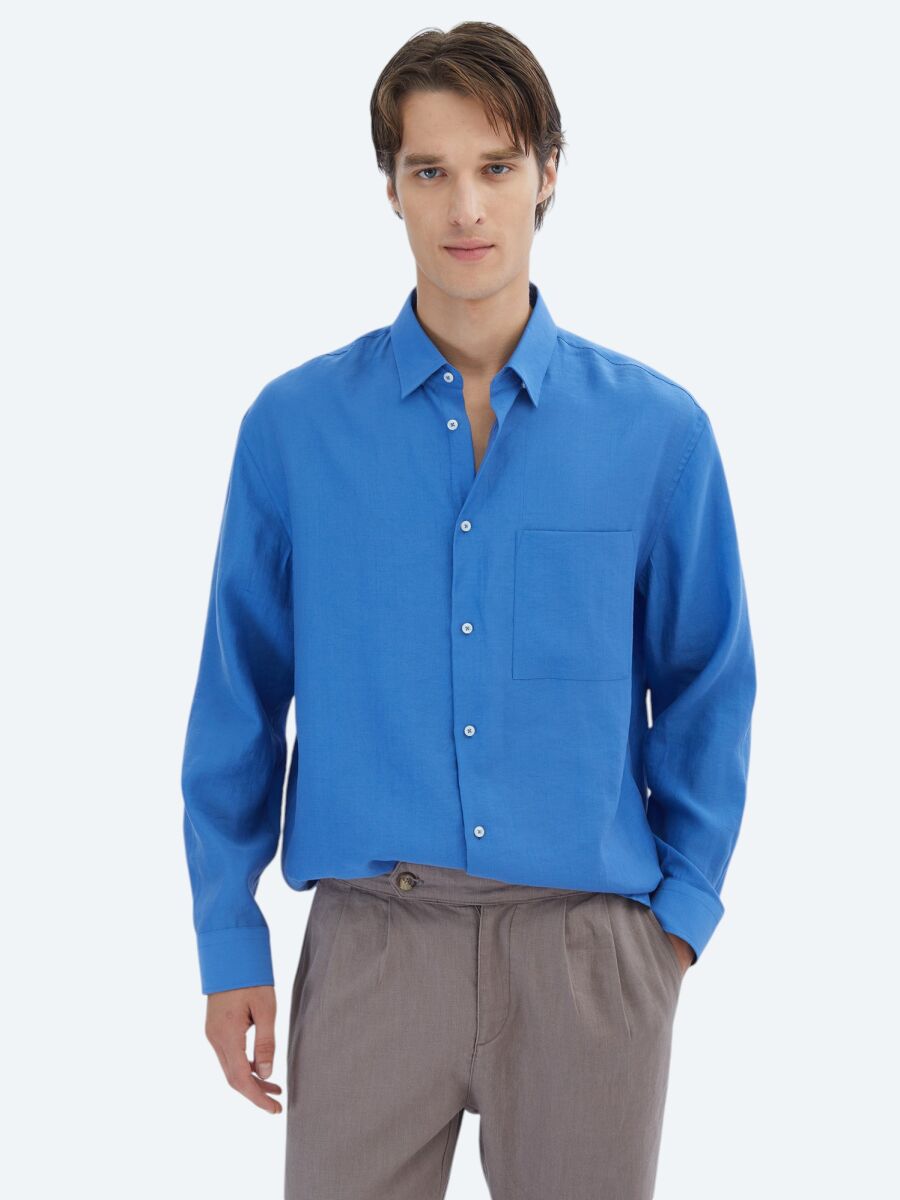 Saks Düz Oversize Fit Uzun Dokuma Casual Gömlek - 1