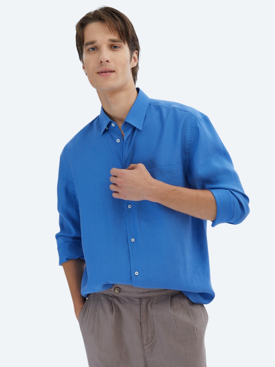 Saks Düz Oversize Fit Uzun Dokuma Casual Gömlek - 3