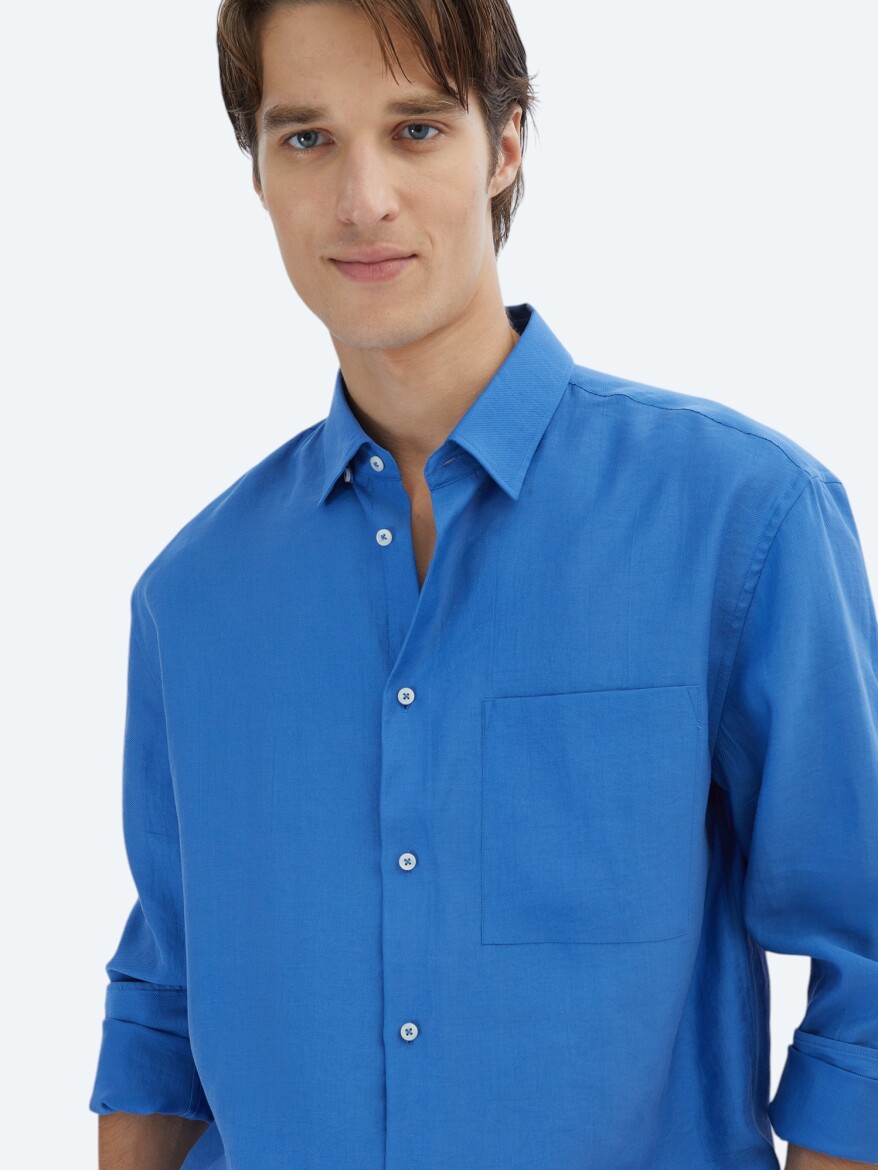 Saks Düz Oversize Fit Uzun Dokuma Casual Gömlek - 4